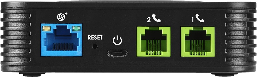 Adaptador de teléfono analógico de 2 puertos para teléfono y dispositivo VoIP, color negro